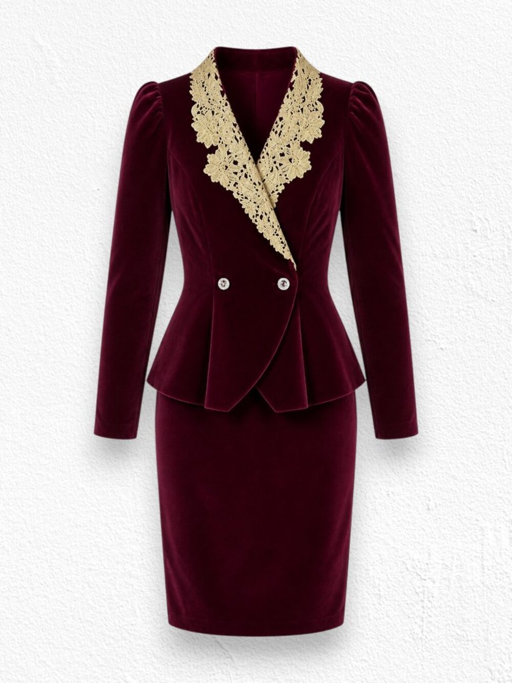 Vintage 80s Burgundy Velvet Gold Lace Trim Power Suit Blazer Skirt Size Medium